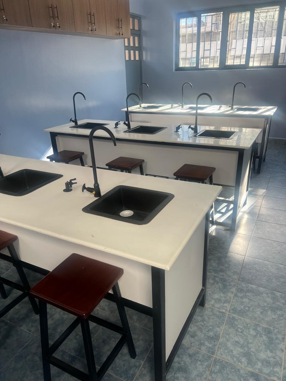 Laboratory workbenches with sinks and stools in a completed science lab